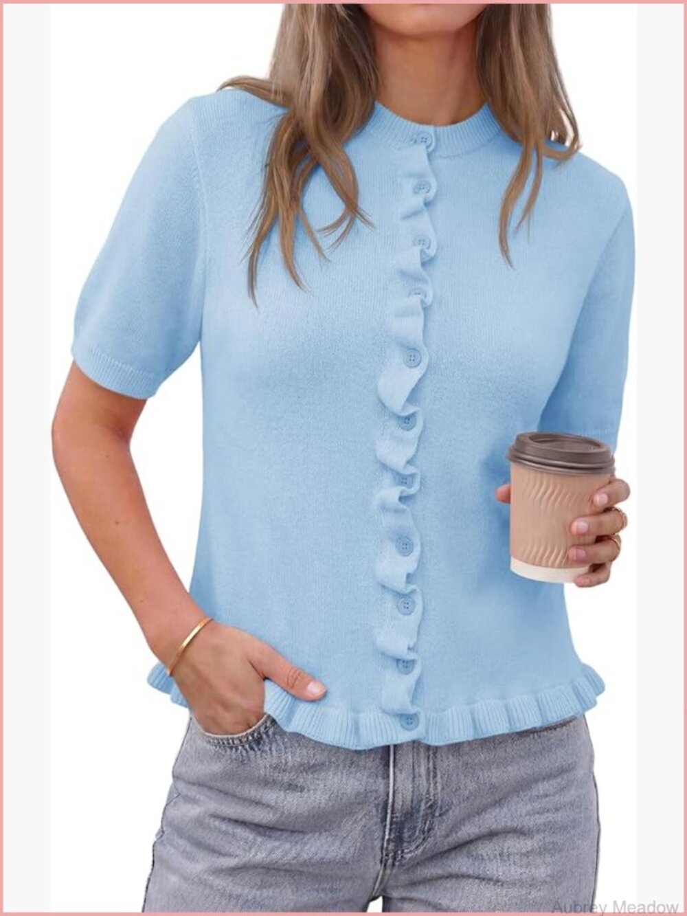 Ladies Ruffle Cardigan Puff Short Sleeve Knit Button Down Lightweight Sweater